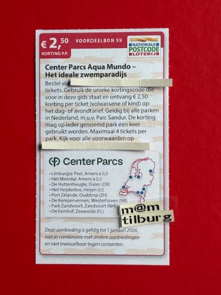 Voordeelbon 59 Center Parcs Aqua Mundo, €2,50 korting p.p., Tickets en Kaartjes, Kortingen en Cadeaubonnen, Drie personen of meer