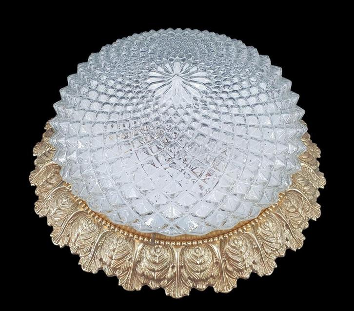 2247 antieke plafonnière reliëfglas koperen rand 26x26x10, Antiek en Kunst, Antiek | Lampen, Ophalen of Verzenden