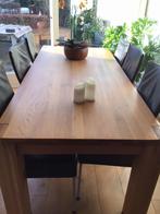 Robuust eiken houten tafel met 6 zwart leren stoelen, Ophalen, Zo goed als nieuw, 4 tot 6 stoelen