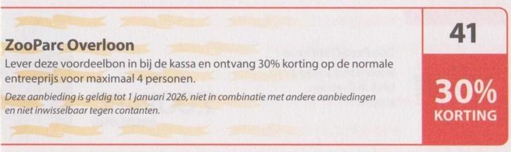 ZooParc. Overloon. 30% korting. Postcodeloterij bon nr 41., Tickets en Kaartjes, Recreatie | Dierentuinen, Drie personen of meer