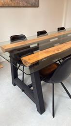 Glazen Eettafel met Boomstam en Zwart Stalen Onderstel, Huis en Inrichting, Tafels | Eettafels, Ophalen, 100 tot 150 cm, 200 cm of meer