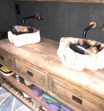 Prachtig versteend houten wasbakken 