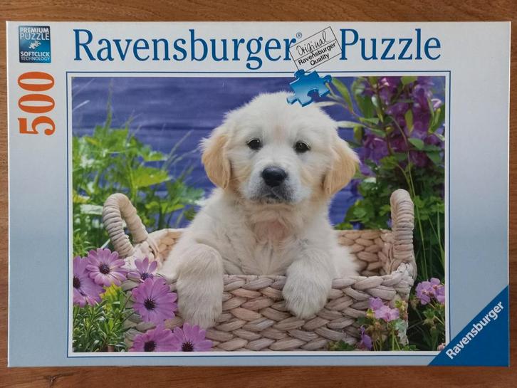 Ravensburger puzzel 500, Golden Retriever pup, COMPLEET! 🎁, Hobby en Vrije tijd, Denksport en Puzzels, Zo goed als nieuw, 500 t/m 1500 stukjes