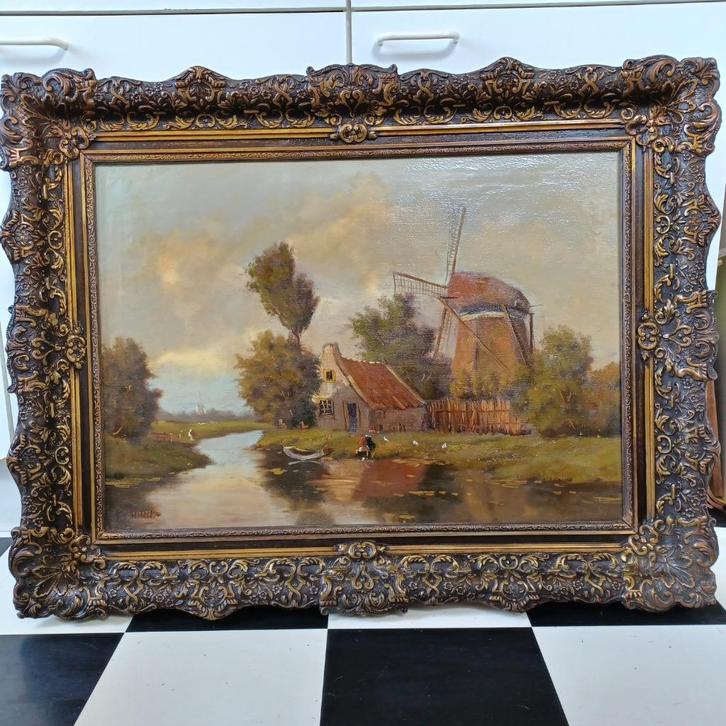 Schilderij Boerderij met boerin en kippen, Antiek en Kunst, Kunst | Schilderijen | Klassiek, Ophalen of Verzenden