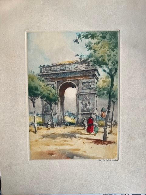 aquarel Arc de Triomphe van Jean Nicol, Huis en Inrichting, Woonaccessoires | Schilderijen, Tekeningen en Foto's, Minder dan 50 cm