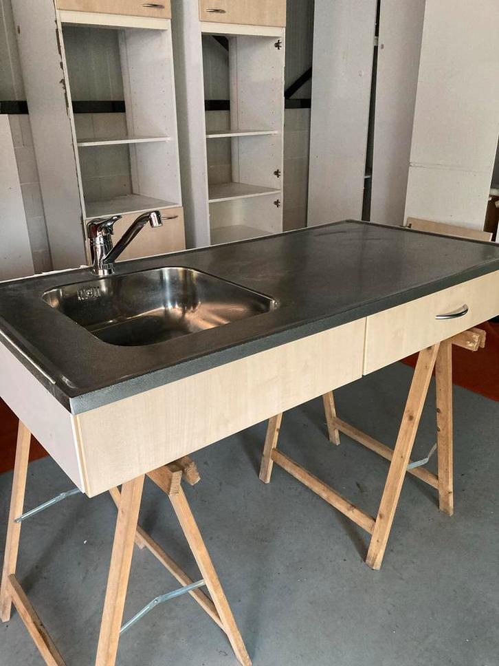 Keukenblad met lade & RVS spoelbak - 120cm, Huis en Inrichting, Keuken | Keukenelementen, Gebruikt, Minder dan 100 cm, 100 tot 150 cm