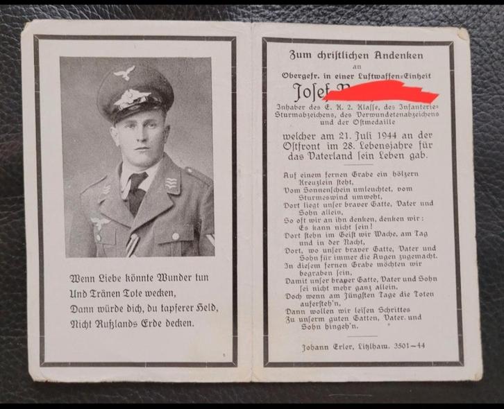 Death card/Sterbebild/ Bidprent obergefr. Luftwaffe WO2 1944, Verzamelen, Bidprentjes en Rouwkaarten, Bidprentje, Ophalen of Verzenden