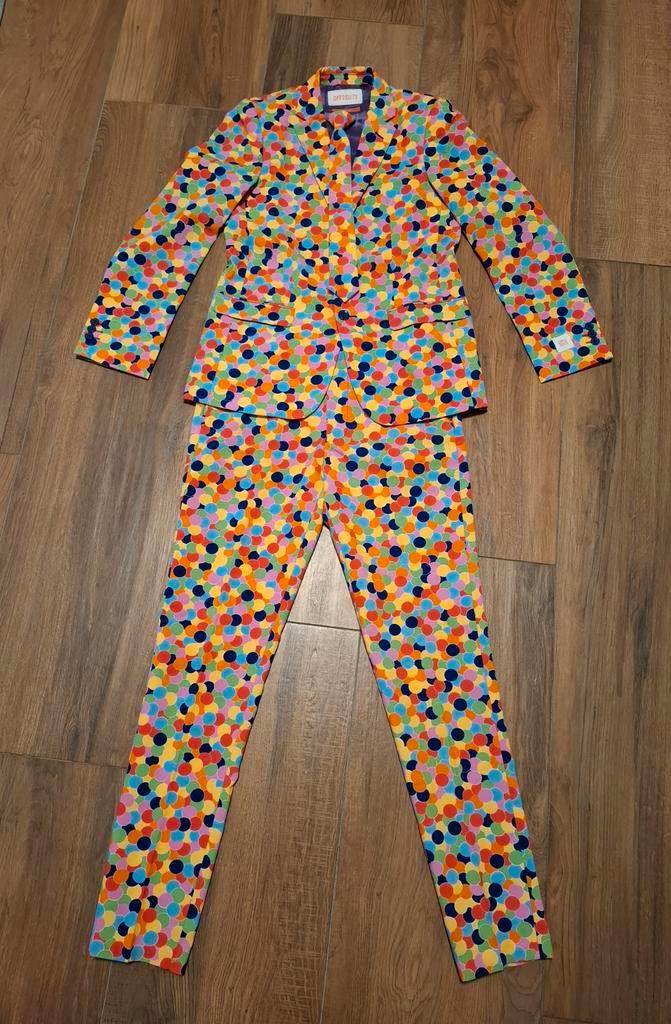 Opposuits pak confetti, Kinderen en Baby's, Carnavalskleding en Verkleedspullen, Zo goed als nieuw, Jongen, 170 of groter, Ophalen of Verzenden