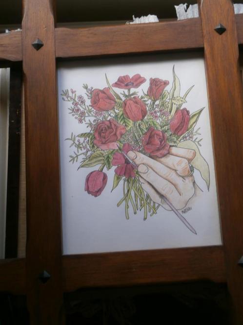 2 Nostalgische ingelijste tekeningen, Rozen en Vogeltjes, Antiek en Kunst, Kunst | Tekeningen en Foto's, Ophalen of Verzenden