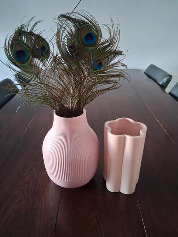 Roze Vazen met Pauwenveren beschikbaar voor biedingen