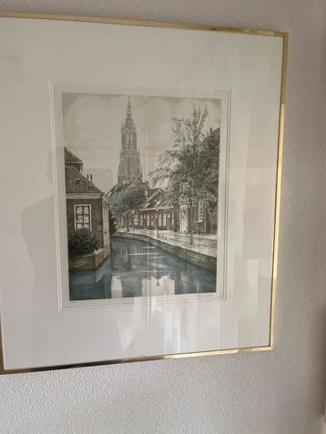 Gegraveerde print van een gracht in Nederland beschikbaar voor biedingen