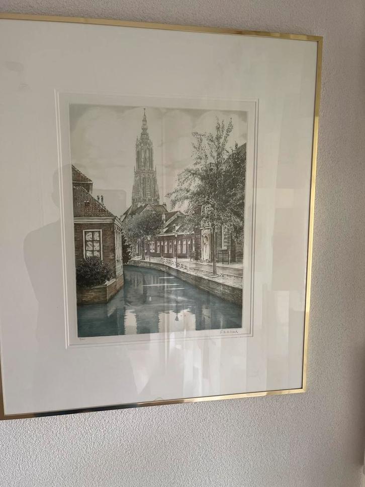 Gegraveerde print van een gracht in Nederland, Antiek en Kunst, Kunst | Etsen en Gravures, Ophalen