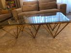 Glazen salontafel met gouden frame, Huis en Inrichting, Tafels | Salontafels, Ophalen, 100 tot 150 cm, 50 tot 100 cm, Minder dan 50 cm