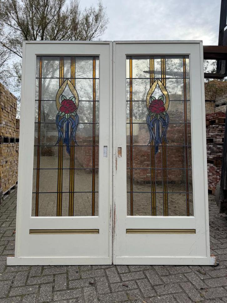 Set schuif / en-suite deuren met glas in lood 211x175cm., Antiek en Kunst, Curiosa en Brocante, Ophalen