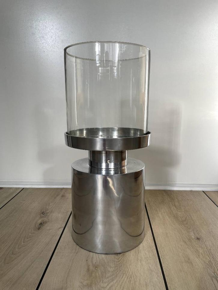 Windlicht met aluminium voet, Huis en Inrichting, Woonaccessoires | Kandelaars en Kaarsen, Zo goed als nieuw, Kandelaar, 25 tot 50 cm