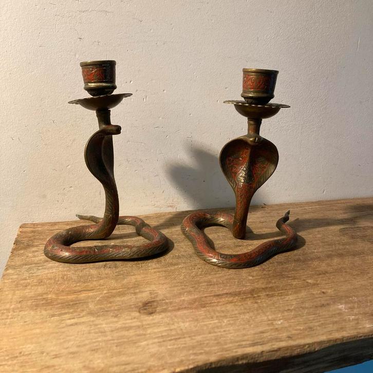 Vintage Koperen Cobra Kandelaars - Set van 2, Antiek en Kunst, Curiosa en Brocante, Ophalen of Verzenden