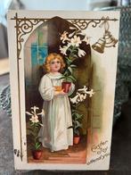 Oude kaart Pasen, meisje met bloemen, 1909, Kinderen, Ophalen of Verzenden, Voor 1920