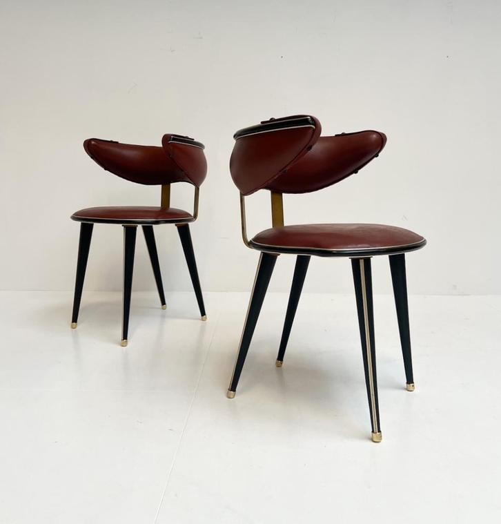 Set Umberto Mascagni stoelen (2), 1960's, Huis en Inrichting, Fauteuils, Gebruikt, Hout, Leer, Overige materialen, 75 tot 100 cm