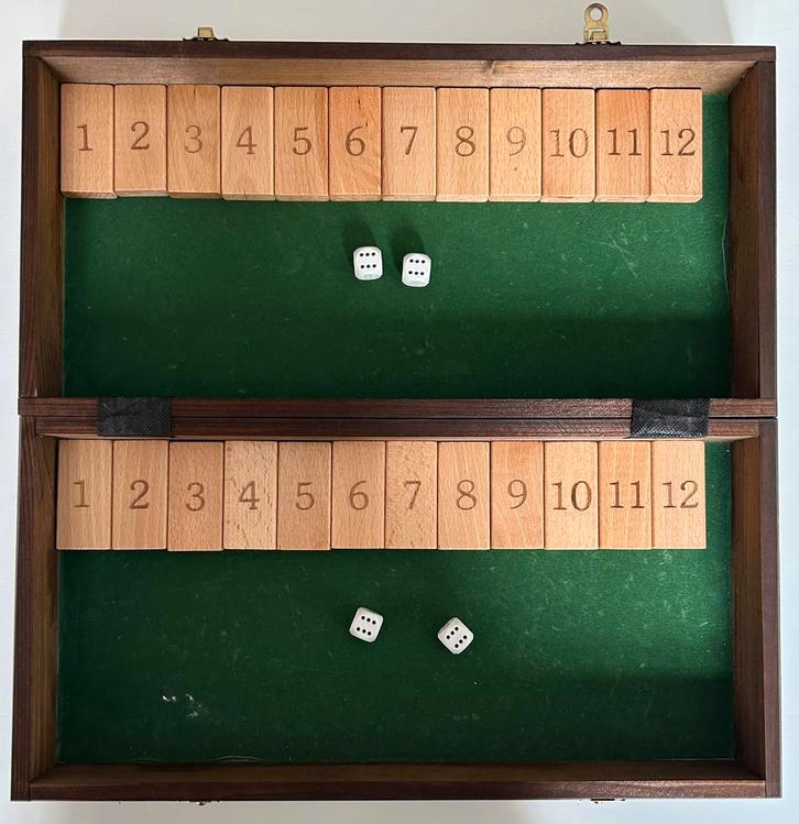 LUXE HOUTEN SHUT THE BOX DOBBELSPEL, Hobby en Vrije tijd, Gezelschapsspellen | Bordspellen, Zo goed als nieuw, Een of twee spelers