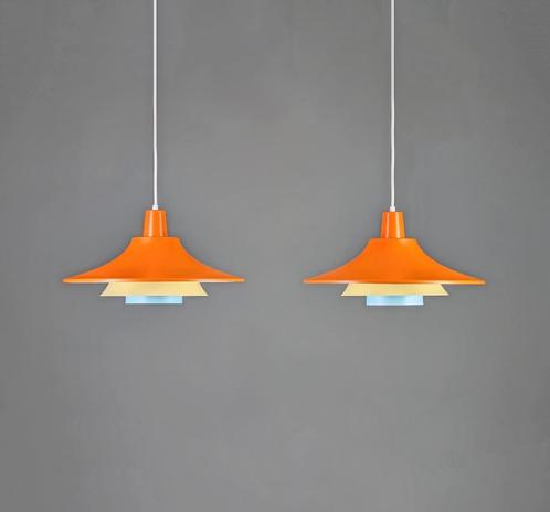 Set van twee hanglampen, oranje, blauw, geel, vintage retro, Huis en Inrichting, Lampen | Hanglampen, Gebruikt, Minder dan 50 cm