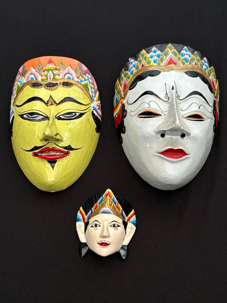 3 Wayang Topeng Maskers - Indonesië, Antiek en Kunst, Kunst | Niet-Westerse kunst, Ophalen of Verzenden