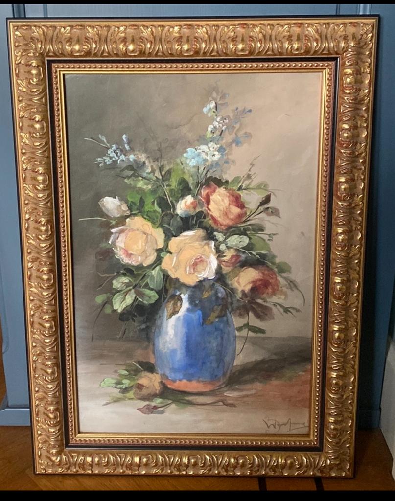 Bloemenschilderij B Wensing.  aquarel/olieverf - 48x65 cm., Ophalen of Verzenden