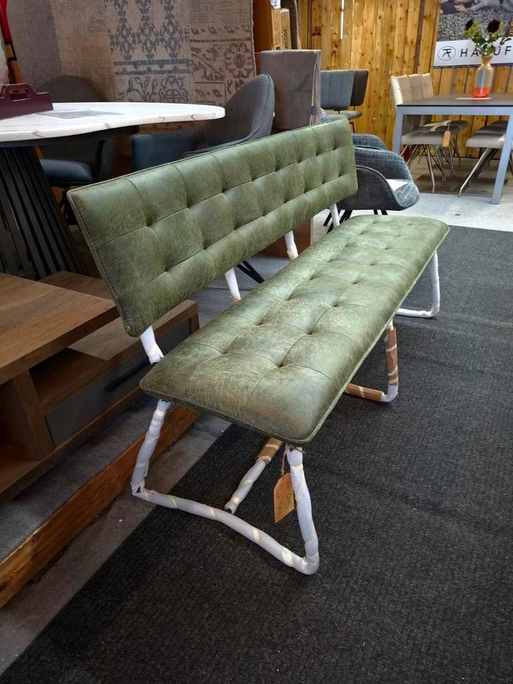 Eetkamerbank Nieuw, 160 cm. groen, Julien H&H, Huis en Inrichting, Stoelen, Nieuw, Drie, Leer, Metaal, Stof, Overige kleuren, Ophalen