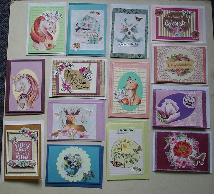 Set 25x zelfgemaakte wenskaarten. Gefeliciteerd & blanco (G), Hobby en Vrije tijd, Kaarten | Zelfgemaakt, Nieuw, Overige thema's