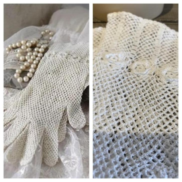 JDL Gehaakte handschoentjes (set) antieklook wit met roosjes, Antiek en Kunst, Curiosa en Brocante, Ophalen of Verzenden