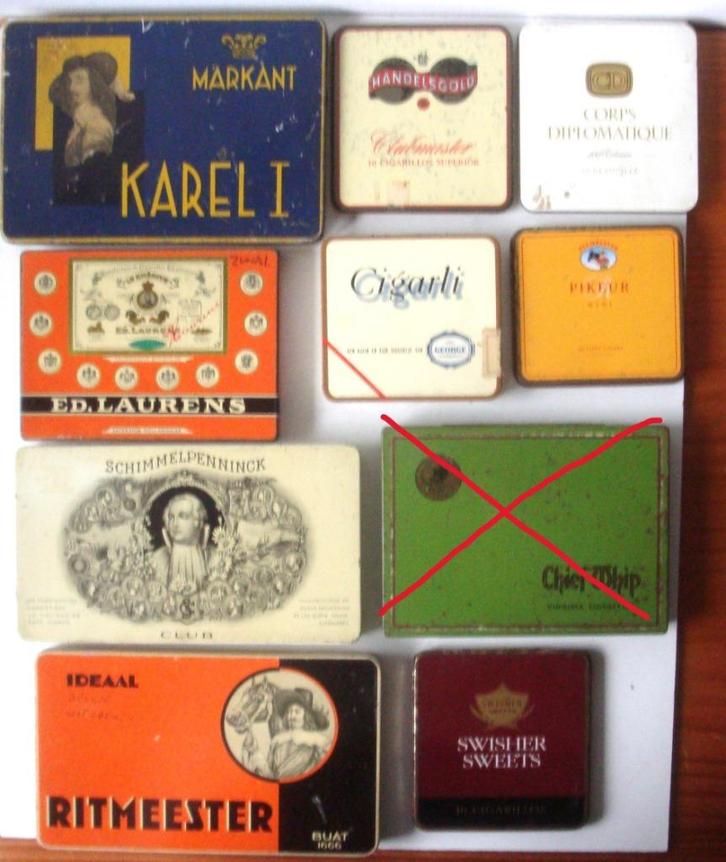 9 blikken voor sigaren of sigaretten: Karel I, Ed Laurens,, Verzamelen, Rookartikelen, Aanstekers en Luciferdoosjes, Zo goed als nieuw