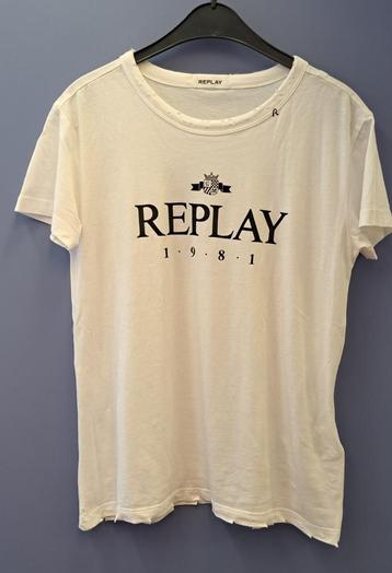 Replay T-shirt wit met rafelrand zwart logo tekst M nr 49130 beschikbaar voor biedingen