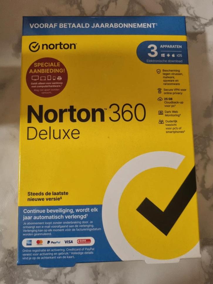 Norton 360 Deluxe - 1 jaar - 3 apparaten - Nieuw!, Computers en Software, Antivirus- en Beveiligingssoftware, Nieuw, MacOS, Windows