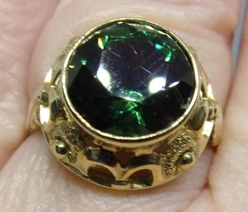 Antieke geelgouden Art Deco ring met groene Toermalijn, Sieraden, Tassen en Uiterlijk, Antieke sieraden, Ring, Goud, Met edelsteen