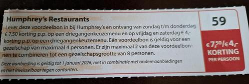 Humphrey's restaurant kortingsbon, Tickets en Kaartjes, Kortingen en Cadeaubonnen, Drie personen of meer, Overige typen, Kortingsbon