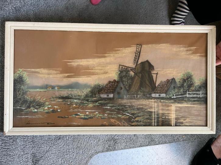 Krijttekening Nederlands Landschap met Molen, Antiek en Kunst, Kunst | Tekeningen en Foto's, Ophalen