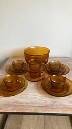 Vintage ontbijtset Arcoroc Sierra jaren 70 bruin, Huis en Inrichting, Keuken | Servies, Gebruikt, Ophalen of Verzenden, Glas, Bord(en)