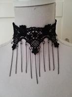 Zwarte kanten choker ketting met lange kettinkjes, Sieraden, Tassen en Uiterlijk, Kettingen, Overige materialen, Verstelbaar, Zwart