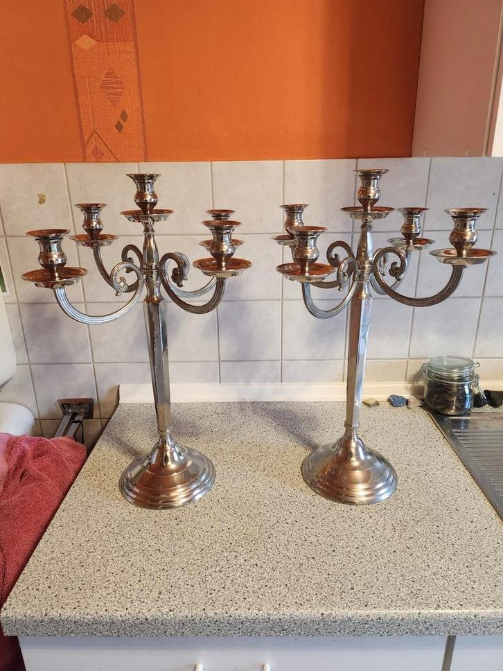 GROTE Nikkelen Kandelaars - Set van 2, Antiek en Kunst, Antiek | Kandelaars, Zilver, Ophalen of Verzenden
