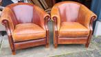 2 schapenleren club fauteuils vintage cognac + BEZORGING, Gebruikt, ., Chesterfield, Ophalen of Verzenden