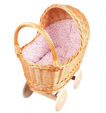 Rieten poppenwagen met bloemetjesmotief  beschikbaar voor biedingen
