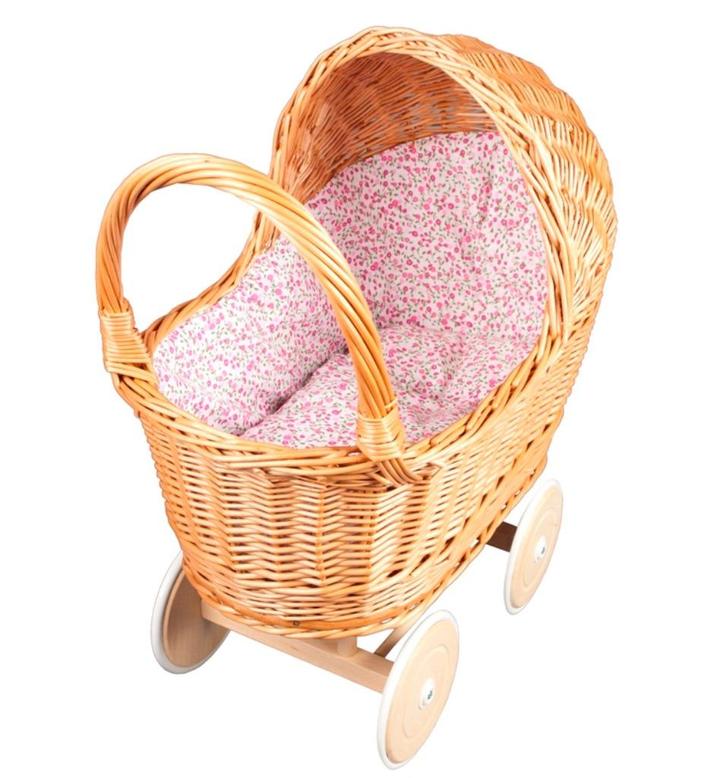 Rieten poppenwagen met bloemetjesmotief, Kinderen en Baby's, Speelgoed | Poppen, Nieuw, Overige typen, Ophalen of Verzenden