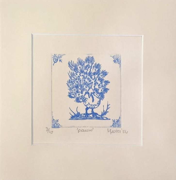 Print pauw, ivoorkleurig passe partout 15x15, handgemaakt, Huis en Inrichting, Woonaccessoires | Schilderijen, Tekeningen en Foto's