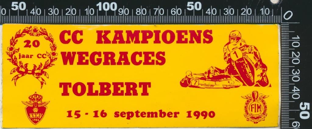 Sticker: CC Kampioens Wegraces - 1990 - Tolbert, Ophalen of Verzenden, Zo goed als nieuw, Auto of Motor