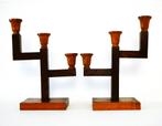 2 Kandelaars met 3 kaarsenhouders Amsterdamse School stijl, Antiek en Kunst, Antiek | Kandelaars, Ophalen of Verzenden, Overige materialen