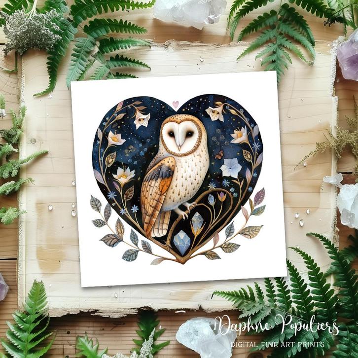 Kerkuil In Hart - Kunstprint 20x20 Centimeter, Antiek en Kunst, Kunst | Tekeningen en Foto's, Ophalen of Verzenden