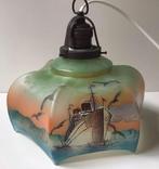 Antiek glazen hanglampje met afbeelding schip, zee, meeuwen, Huis en Inrichting, Lampen | Lampenkappen, Minder dan 25 cm, Rechthoekig
