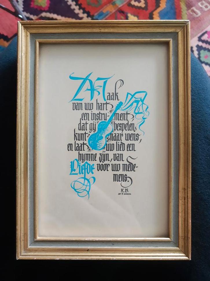 Ingelijste kalligrafie kunst Jef Boudens Die Swaene Brugge, Antiek en Kunst, Kunst | Litho's en Zeefdrukken, Ophalen of Verzenden