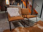 Tweetal bruine/cognac stoelen stof met zwarte poot, Ophalen of Verzenden, Zo goed als nieuw, Bruin, Stof