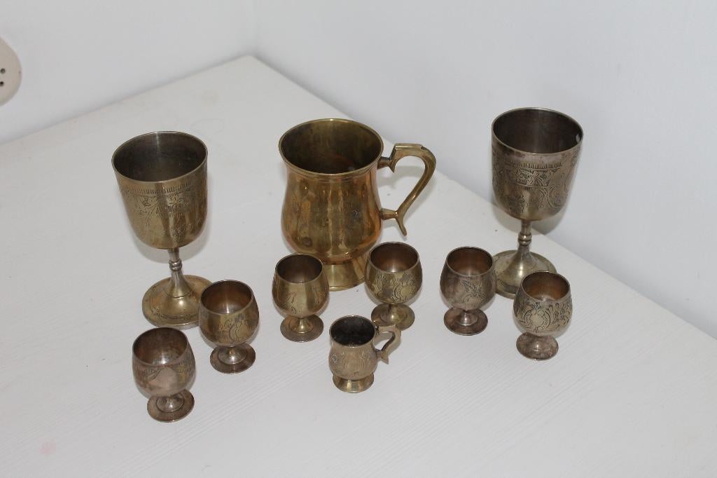 Vintage gegraveerde messing bekers & kannen – set uit Londen, Ophalen of Verzenden