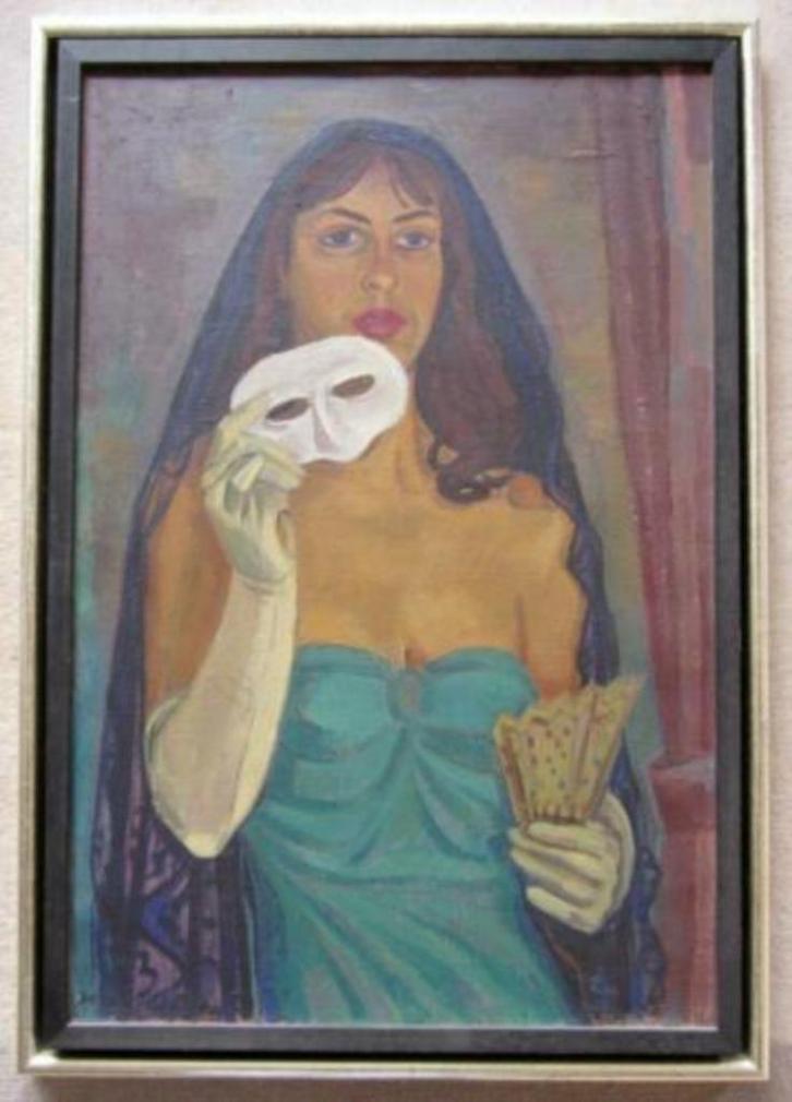 =Hans Walter Scheller 1896-1964==vrouw met masker=, Antiek en Kunst, Kunst | Schilderijen | Klassiek, Ophalen of Verzenden